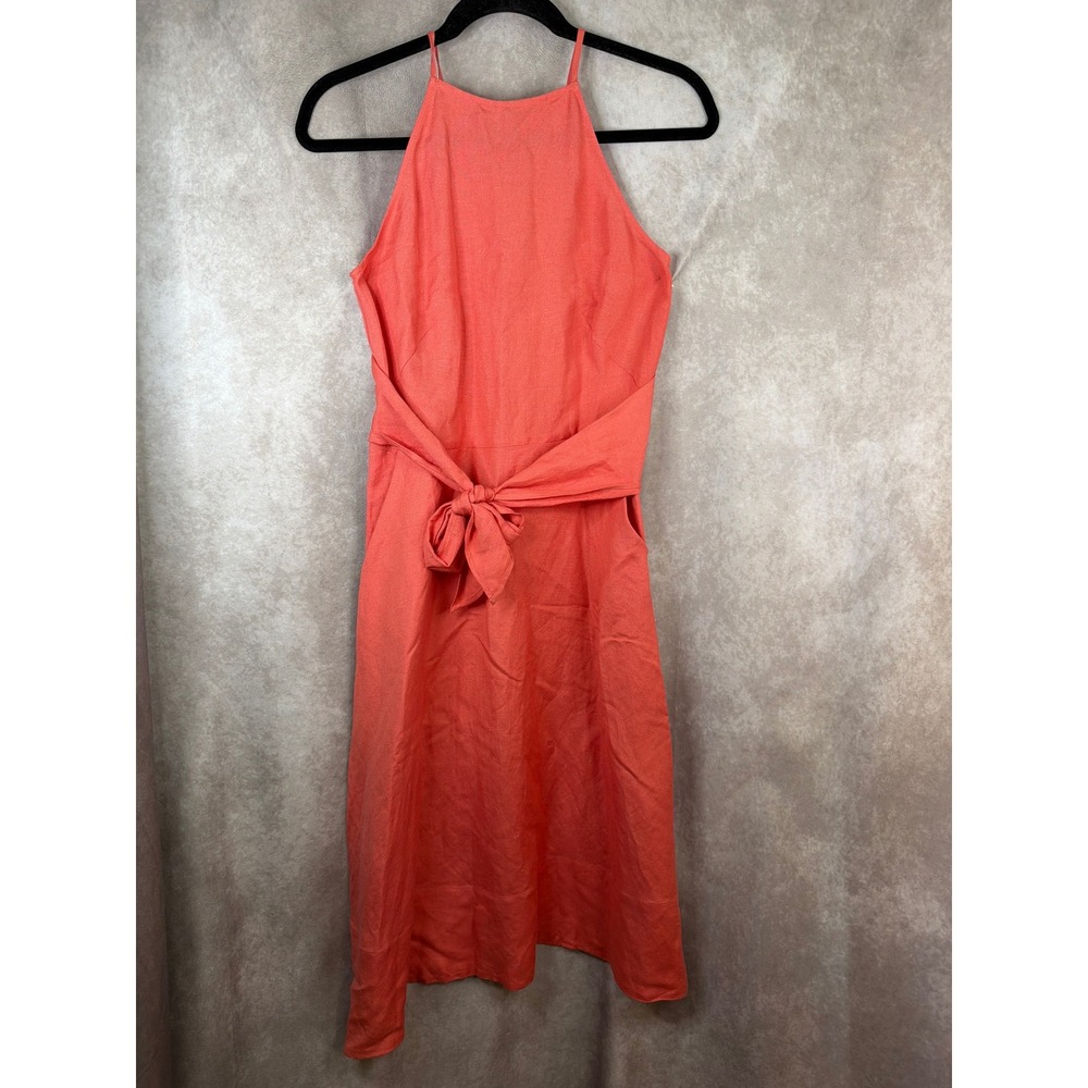 LOFT Dress Womens 0 Coral Linen Blend Halter Tie Waist Midi Sun‎ Dress Pockets